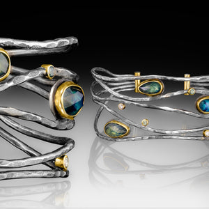 Montana Sapphires Surrounded in a Halo of Gold Cuff Bracelet