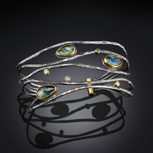 Montana Sapphires Surrounded in a Halo of Gold Cuff Bracelet